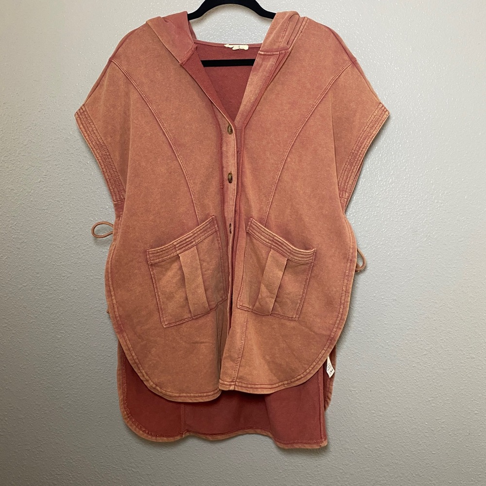 Easel Button Down Mineral Washed Hooded Vest Small Orange Autumn Fall Bohemian